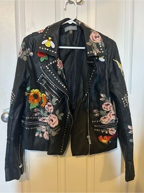 bagatelle Black Leather Moto Jacket with Floral & Patch Embroidery